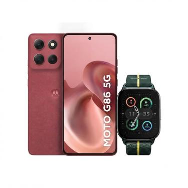 Imagem de Kit Motorola Moto G86 5G 256GB Vermelho + Smartwatch Moto Watch Fit GPS Verde