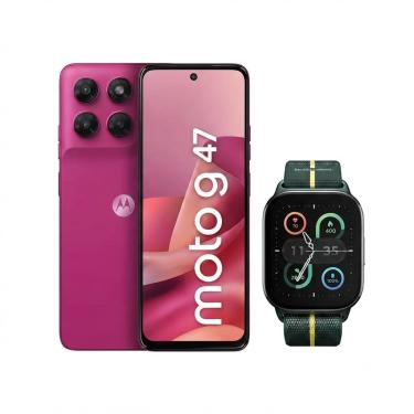 Imagem de Kit Motorola Moto G47 5G 256GB Rosa + Smartwatch Moto Watch Fit GPS Verde