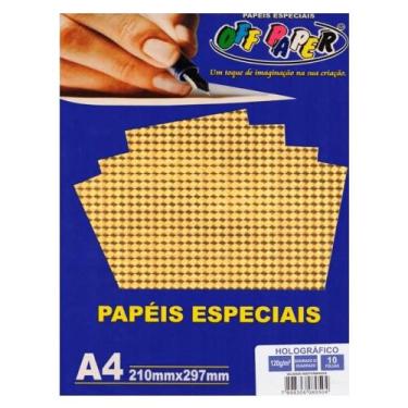 Imagem de Papel Holográfico A4 120g Dourado c/ Quadrado 1 folha Off Paper