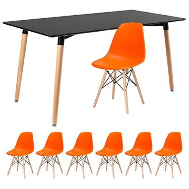 Imagem de Loft7, Kit - Mesa de jantar retangular Eames 80 x 160 cm preto + 6 cadeiras Eiffel Dsw Laranja