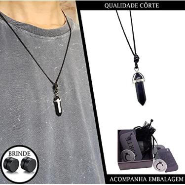 Imagem de Colar Masculino Fio Encerado Amuleto Pedras Brutas Pedra da lua Negra + Brinco
