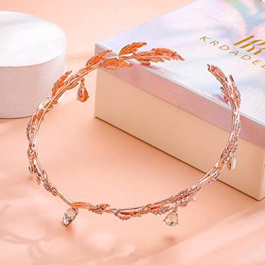 Imagem de KRDADELF Tiaras de folhas de ouro rosa para mulheres meninas, fantasia de fada para mulheres chapéu de casamento de cristal para noiva, coroa de elfo para aniversário cosplay festa formatura acessórios de Halloween