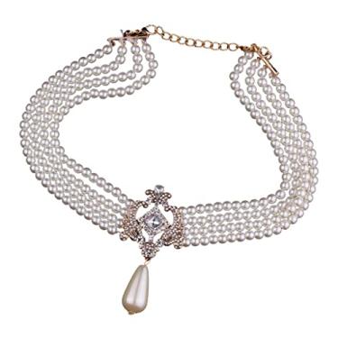 Imagem de Newmind Colar de pérolas de luxo com vários fios e 4 camadas de pérolas e miçangas de aglomerado