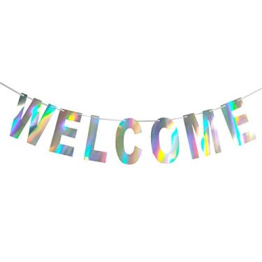Imagem de Banner holográfico de boas-vindas, placa de decoração, guirlanda de bandeira iridescente pendurada para chá de bebê de boas-vindas, reunião de família, festa de boas-vindas militar