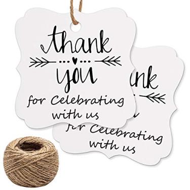 Imagem de Etiquetas de agradecimento, obrigado por comemorar conosco, 100 peças de etiquetas brancas de agradecimento para lembrancinhas de festa de aniversário de casamento, chá de bebê, etiquetas de presente