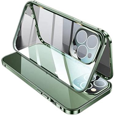 Imagem de CYSUE Capa magnética para iPhone 14 Pro Max, capa de telefone de vidro temperado dupla face com protetor de câmera e trava de segurança, capa protetora completa 360 para iPhone 14 Pro Max 2022 (Cor: verde1)