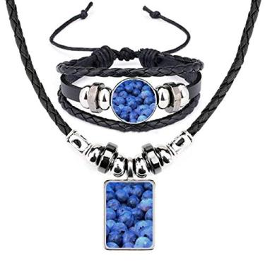 Imagem de Conjunto de joias de couro com imagem de frutas tropicais de mirtilo fresco