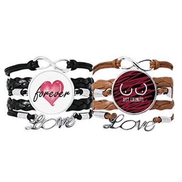 Imagem de Pulseira Just Coconuts com desenho divertido e rosa vermelho pulseira de mão corda de couro Forever Love conjunto duplo