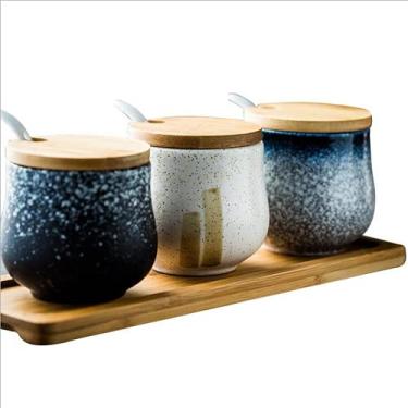 Imagem de PAYNAN Conjunto de 3 potes de cerâmica para temperos, saleiro e tigela de açúcar, caixa de tempero para cozinha
