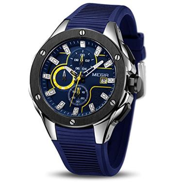 Imagem de MEGIR Relógio Esportivo Masculino Analógico Militar Cronógrafo de Quartzo Luminoso com Pulseira de Silicone Azul Elegante para Presentes, Azul, Relógio de Quartzo, Cronógrafo