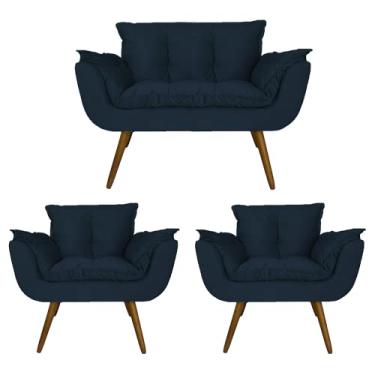 Imagem de Jogo Namoradeira e 2 Poltronas Estofadas Sala de Visitas Opala Suede Azul Marinho - LM DECOR