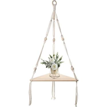 Imagem de Prateleira de parede Boho - Prateleira de macramê multifuncional para decoração de parede, prateleira de madeira tecida à mão com corda de algodão, prateleiras de corda para exibir vasos de flores, fo