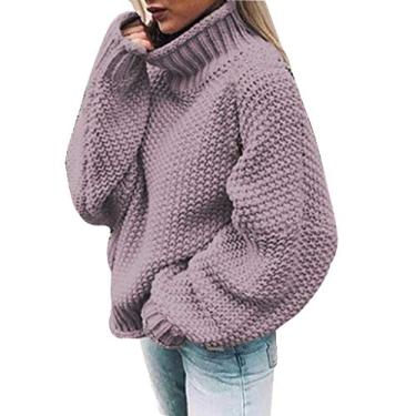 Imagem de Howstar Suéter feminino 2023 outono gola tartaruga sólido manga longa pulôver de malha grande casual solto suéter grosso tops, Z1 - roxo, G