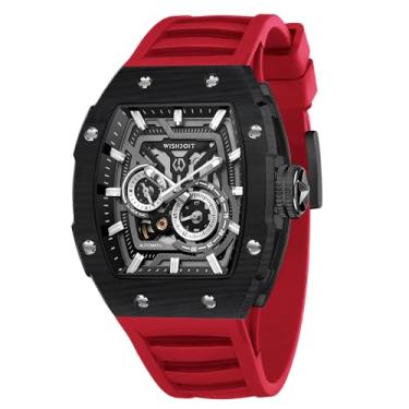 Imagem de Relógios de pulso masculinos mecânicos automáticos de aço inoxidável estilo esportivo à prova d'água safira cristal borracha intercambiável relógios de pulso, Caixa preta, pulseira vermelha