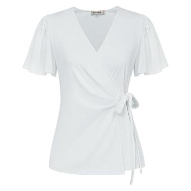 Imagem de GRACE KARIN Blusas femininas elegantes de chiffon fluidas de manga curta 2024 blusas de verão com decote em V camisas de trabalho de negócios tops, Branco, GG