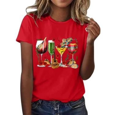 Imagem de CIN co de Ma yo Camiseta feminina mexicana Fiesta taça de vinho estampada tops verão solto confortável túnica camisetas blusas elegantes, Vermelho, GG