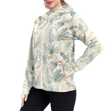 Imagem de JUNZAN Camisetas femininas com capuz com proteção solar bege floral tropical FPS 50+ manga longa para pesca com capuz para caminhadas, Bege floral tropical, P