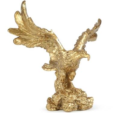 Imagem de H&W Estátua de águia dourada, pássaro selvagem voando águia decorativa bronze pátina resina estatueta (P)