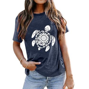 Imagem de Camiseta feminina com estampa de tartaruga marinha e estampa de animal divertida havaiana casual para férias, Azul 5, P