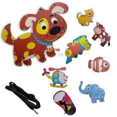 Imagem de Brinquedo Pedagógico Educativo Em Madeira Alinhavo Animais E Objetos (Trem B)
