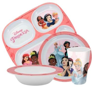 Imagem de Kit Refeição Infantil Princesas Disney 4 Peças Bandeja Divisória, Prato Fundo, Tigela e Copo Melamina - Tuut