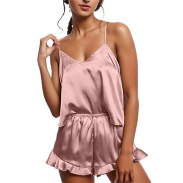 Imagem de Aniywn Lingerie feminina de cetim, conjunto de pijama sexy, conjunto de pijama feminino, conjunto de pijama curto com shorts, A4 - rosa, M