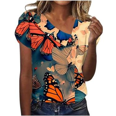 Imagem de MaMiDay Blusas florais femininas de verão modernas casuais de manga curta elegantes soltas confortáveis gola assimétrica camisetas borboleta, A02#multicolorido, 3G