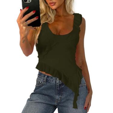 Imagem de Camiseta regata feminina Y2k sexy de malha cropped sem mangas frente única assimétrica com babados e babados, Verde militar, G