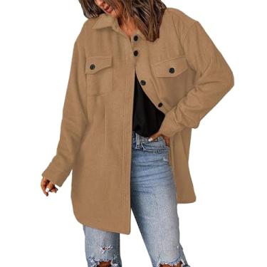 Imagem de Shacket Jaqueta feminina casual manga longa lapela abotoada outono 2023 casaco leve sólido, Caqui, M