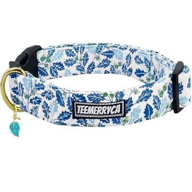 Imagem de TEEMERRYCA Coleira para cães de algodão com design de folha azul simples, mas elegante, adorável coleira para animais de estimação para cães grandes, meninas e meninos, G
