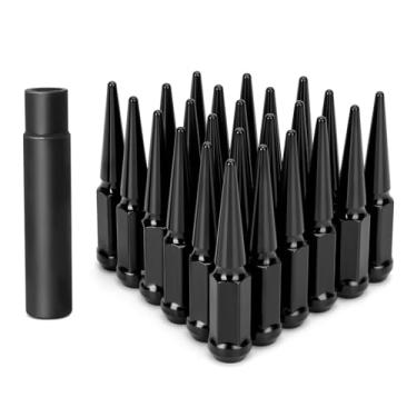Imagem de KSP 24 peças porcas de metal sólido cravado M14x1,5 rosca 11,2 cm de altura extremidade fechada protuberância bolota spike lug porca 1 chave de soquete longo rodas de reposição Chevy Silverado preto