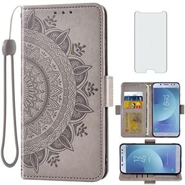 Imagem de Compatível com Samsung Galaxy J5 Pro 2017 J530 Capa carteira de vidro temperado, suporte para cartão de crédito, alça de pulso, suporte para celular para Gaxaly J5pro SM J530F J530G Cinza