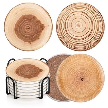 Imagem de Conjunto de 6 porta-copos de madeira absorvente de bebidas com base de cortiça, suporte de metal, tapete de bebida de pedra redonda para mesa de madeira, presente para aniversário, decoração de bar de sala de inauguração