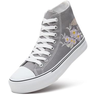 Imagem de ZGR Tênis feminino de lona de cano alto, preto e branco, bordado de lona, tênis moderno casual, Bordado cinza, 37