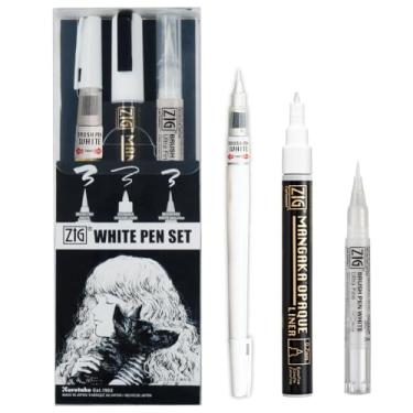 Imagem de Kuretake Zig INKTOBER Conjunto especial de 3 variedades, marcadores de caneta branca, ponta de pincel fino e ultrafino, para mangá, desenho, caligrafia, profissional, artista, feito no Japão