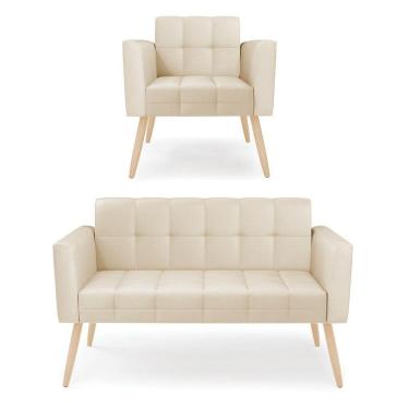 Imagem de Kit 1 Sofá Namoradeira E 1 Poltrona Elisa Corino Bege Pés Palito Natural - D`rossi