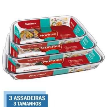 Imagem de Kit 3 Assadeiras Retangulares Vidro 1,6L 2,2L 2,9L Marinex