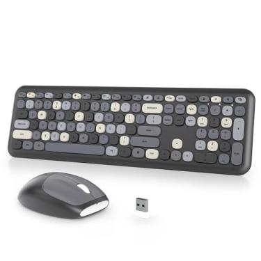 Imagem de iTastatur Combo de teclado e mouse sem fio de máquina de escrever, 2,4 G Office 104 teclas, teclado punk retrô de tamanho completo, lindo teclado preto com teclas redondas para laptop, PC, desktops