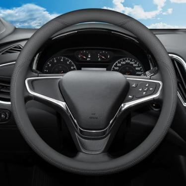 Imagem de SZYUCHEN Capa de volante para Chevy Chevrolet Silverado 1500 2500 HD 3500HD Equinox Malibu Colorado Cruze Impala Traverse Spark Tahoe Trax acessórios de carro caminhão, couro preto 2024 36,8-38 cm