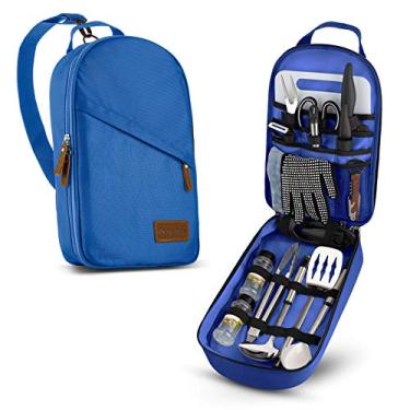 Imagem de Conjunto de utensílios de cozinha para acampamento, organizador de viagem, acessórios de grelha, equipamento portátil compacto para mochilão, churrasco, acampamento, caminhada, viagem, kit de panelas resistente à água (azul conjunto de 13 peças)
