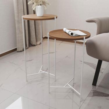 Imagem de Mesa Lateral Redonda áquila Branca E Tampo Imbuia Marrom