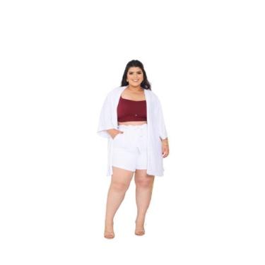Imagem de Cardigan Kimono e Shorts Verão Moda Plus Size G1 Branco  XG Kn -A - Do