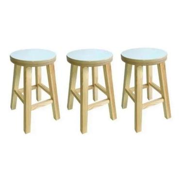 Imagem de Kit 3 Banqueta Media Hardman Madeira Natural Assento Redondo MDF Branc
