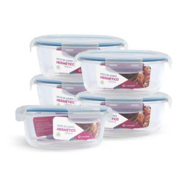 Imagem de Kit 5 Potes Redondo Vidro Hermético Forno Freezer 1300ml - NABOX, Azul