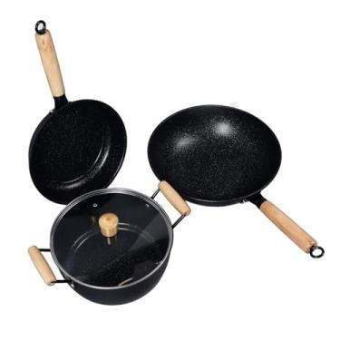 Imagem de Conjunto de frigideira antiaderente de 3 unidades, conjunto de frigideiras para omelete de ovo, frigideira panela de ferro mão de madeira antiaderente mexendo frigideira panelas