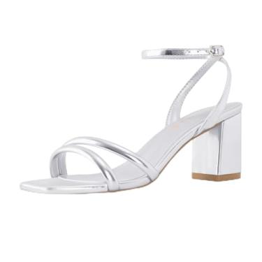 Imagem de Shoe'N Tale Sandálias de salto com tiras para mulheres, bico quadrado, salto grosso, fivela no tornozelo, Prata brilhante, 35