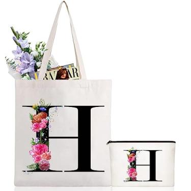 Imagem de Andeiltech Sacola de lona com inicial, estampa floral, bolsa de maquiagem personalizada com monograma, presente para damas de honra, aniversário e casamento, Letra Floral_h, Large