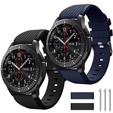 Imagem de TOOLAIK Pulseira compatível com Samsung Galaxy Watch 3 45 mm/Galaxy Watch 46 mm Bands/Gear S3 Frontier/Clássico, pulseira de relógio inteligente de 22 mm, pulseira de silicone casual para mulheres e homens (preto/azul escuro)