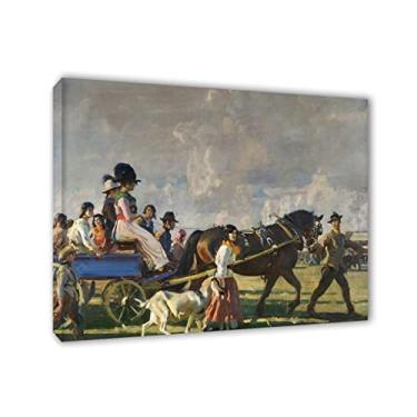 Imagem de Pinturas Alfred James Munnings - Impressão giclée esticada em tela - Arte de parede famosa "Arrival at Epsom Downs for Derby Week" - Reprodução em tela - Imagens de arte de parede em tela 50 x 65 cm