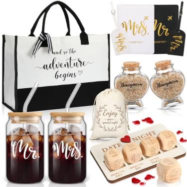 Imagem de Sunnychicc 16 peças de presentes de casamento para casal, presentes de lua de mel, Dia dos Namorados, chá de panela, presentes de noivado, com dados de vidro para data, noite, porta-passaporte,